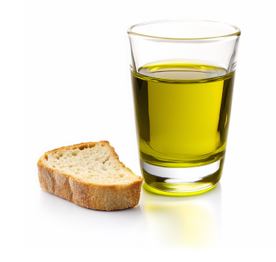 A glass of olive oi and a leaf of bread